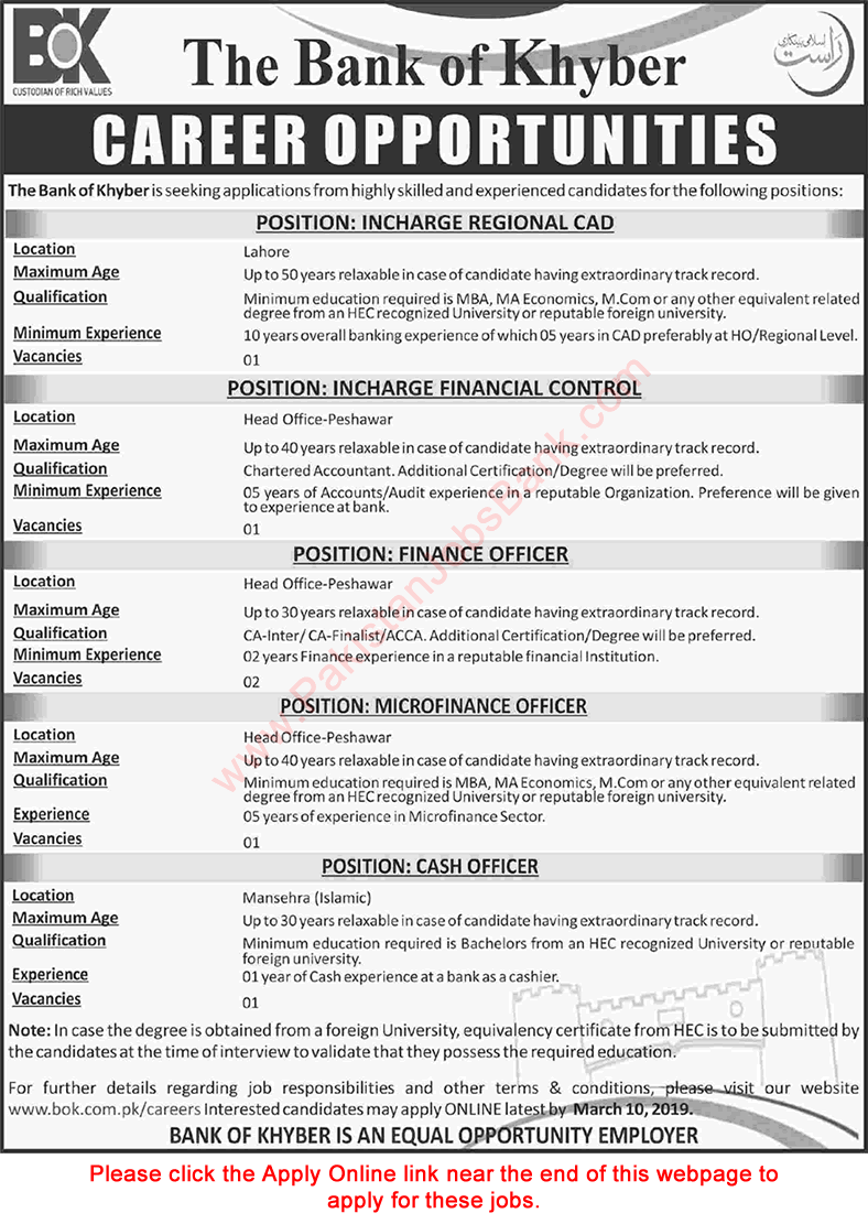 Bank of Khyber Jobs February 2019 Apply Online Finance / Cash Officers & Others Latest
