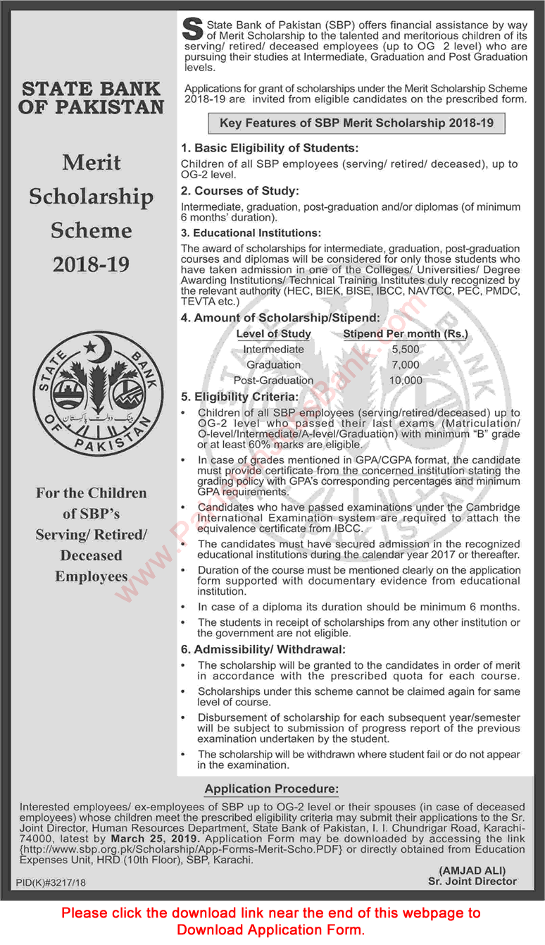 State Bank of Pakistan Merit Scholarship Scheme 2018-2019 Application Form for SBP Employees Children Latest