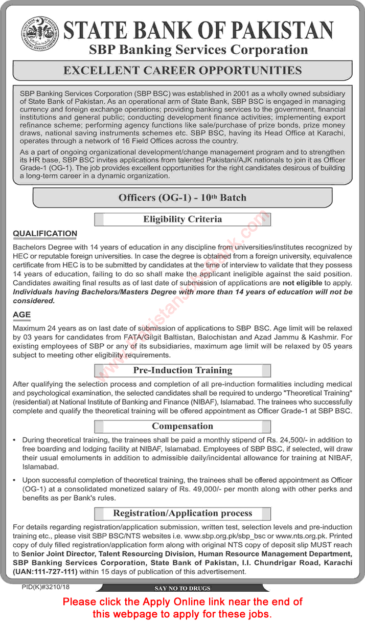 State Bank of Pakistan Jobs February 2019 Apply Online Officer Grade-1 (OG-I) 10th Batch Latest