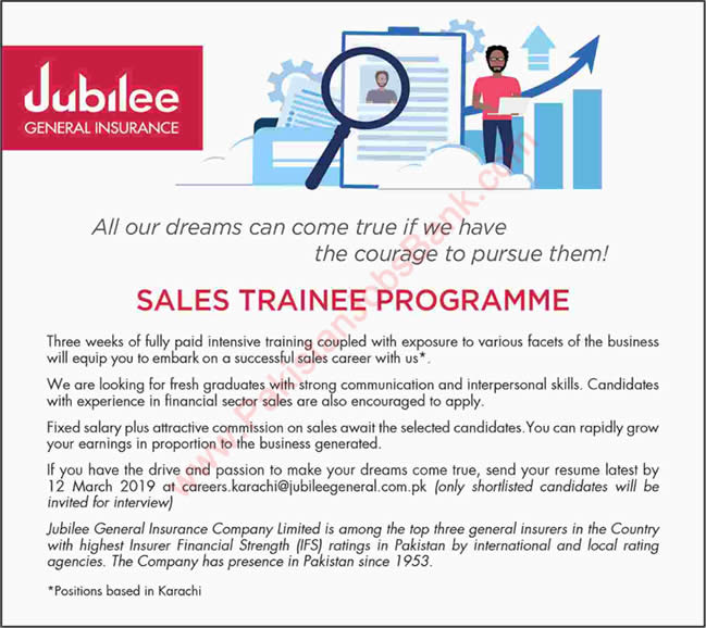 Jubilee Life Insurance Sales Trainee Program 2019 March Latest Advertisement