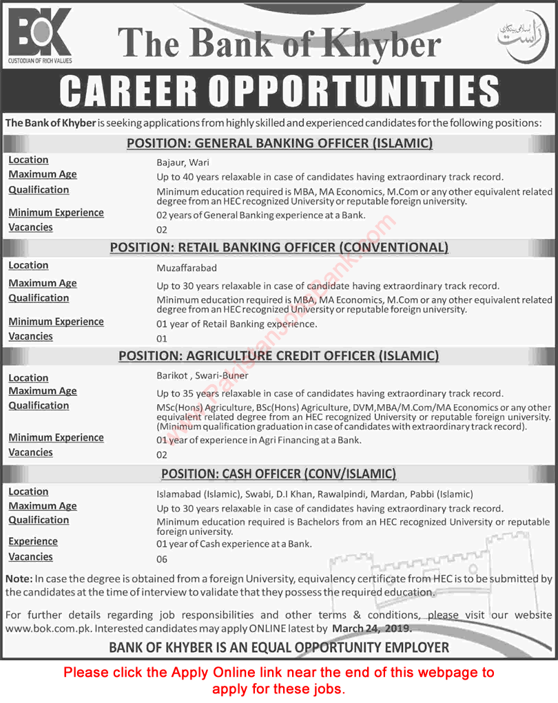 Bank of Khyber Jobs March 2019 Apply Online Cash Officers, General Banking Officers & Others Latest