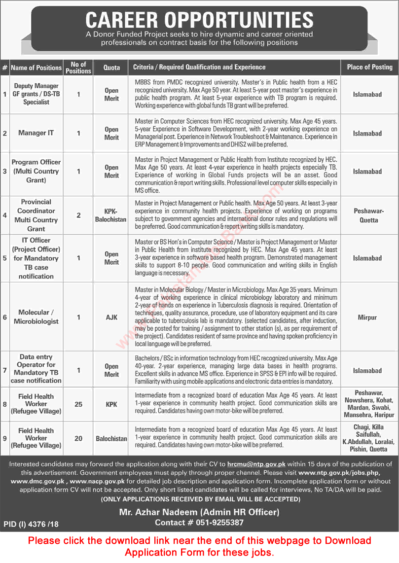 National TB Control Program Jobs March 2019 Application Form Field Health Workers & Others Latest