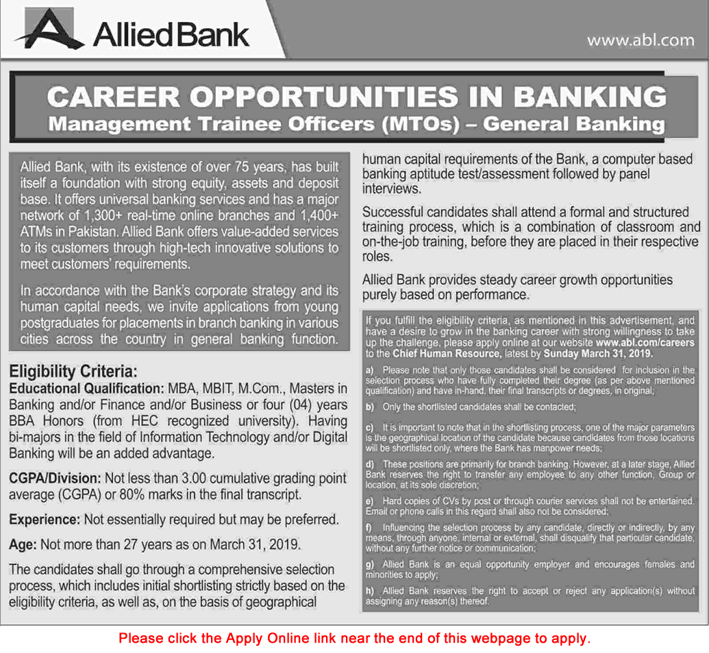 Management Trainee Officer Jobs in Allied Bank March 2019 Apply Online MTO General Banking Latest