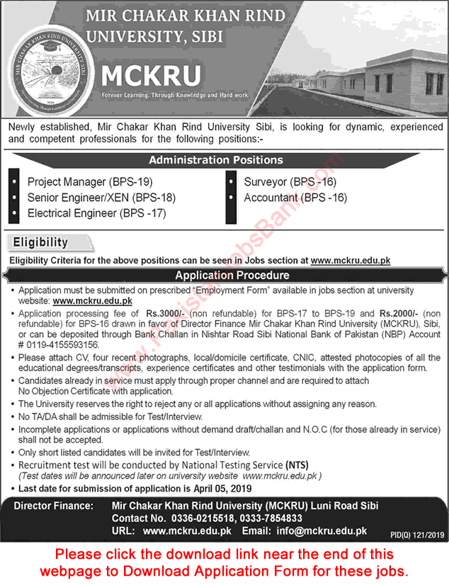 Mir Chakar Khan Rind University Sibi Jobs 2019 March MCKRU Application Form Latest