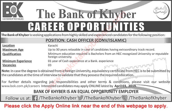 Cash Officer Jobs in Bank of Khyber March 2019 April Apply Online BOK Latest