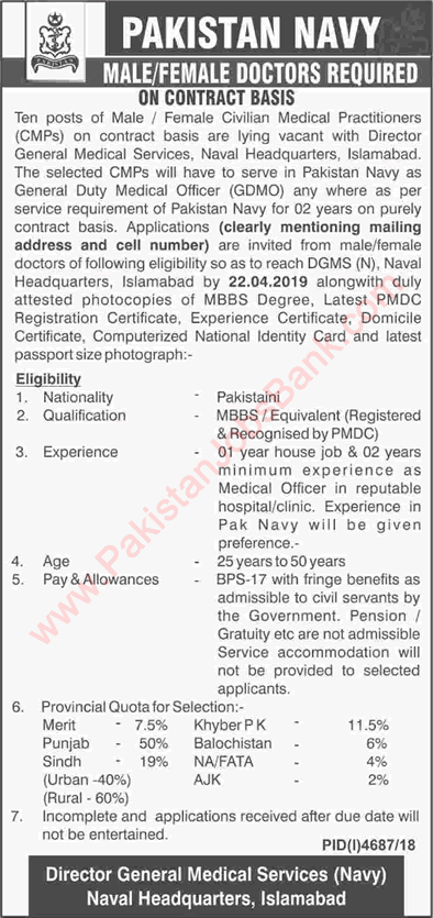 Medical Officer Jobs in Pakistan Navy 2019 April Civilian Medical Practitioner Join as GDMO Latest