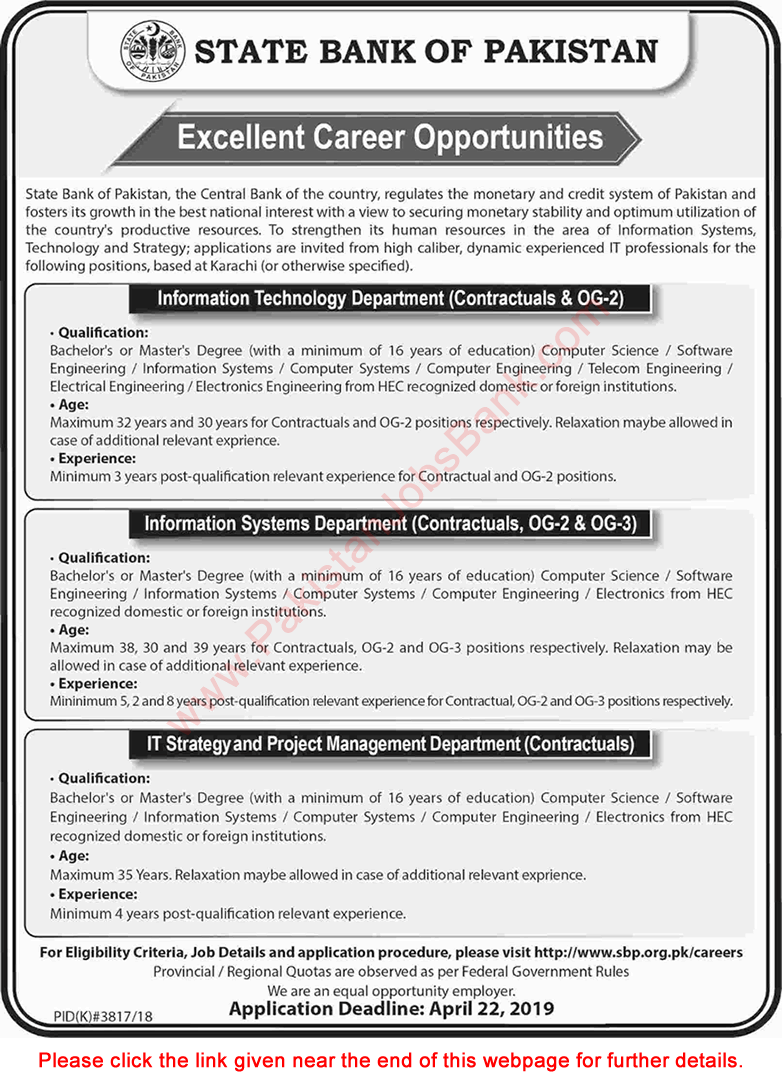 State Bank of Pakistan Jobs April 2019 Software Engineers / Developers & Others SBP Latest