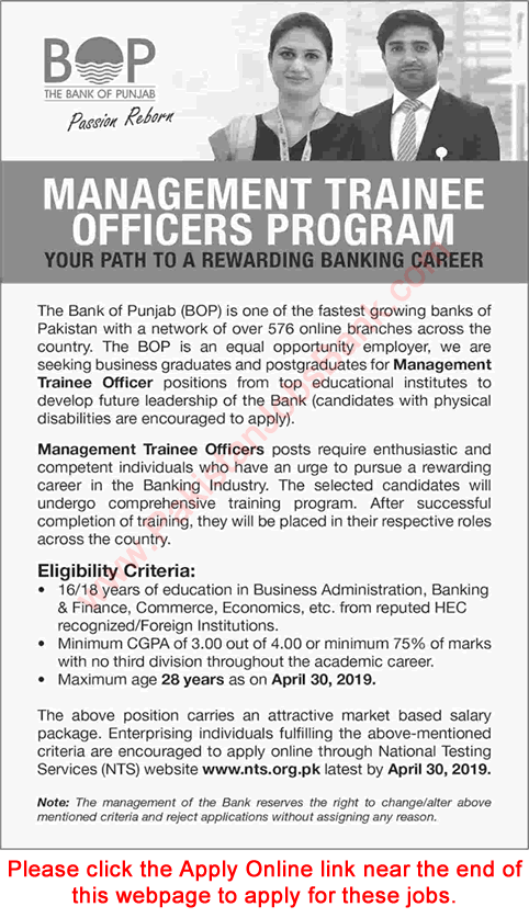 Bank of Punjab Jobs April 2019 NTS Online Apply Management Trainee Officers Program Latest