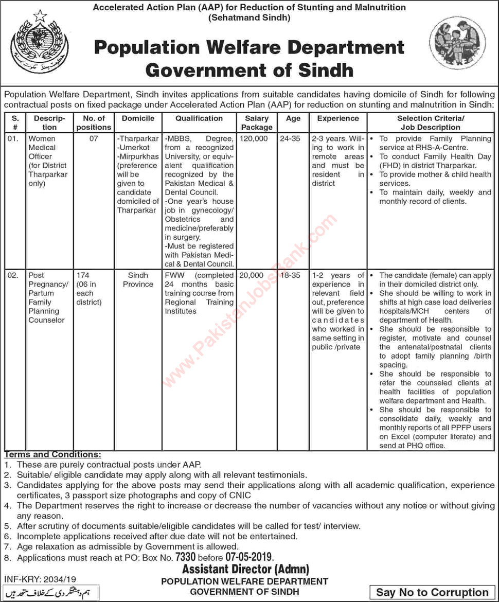 Population Welfare Department Sindh Jobs April 2019 Family Planning Counselors & Women Medical Officers Latest