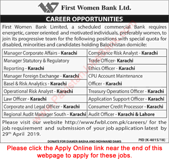 First Women Bank Limited Jobs April 2019 Apply Online FWBL Latest