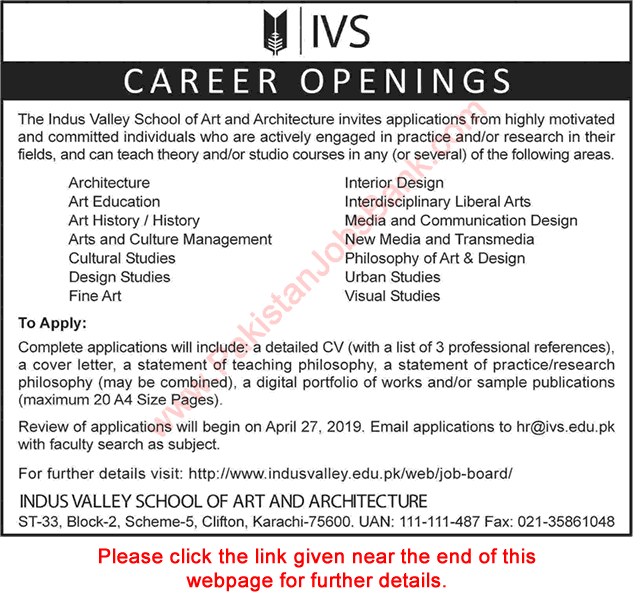 Indus Valley School of Art and Architecture Karachi Jobs 2019 April Teaching Faculty Latest