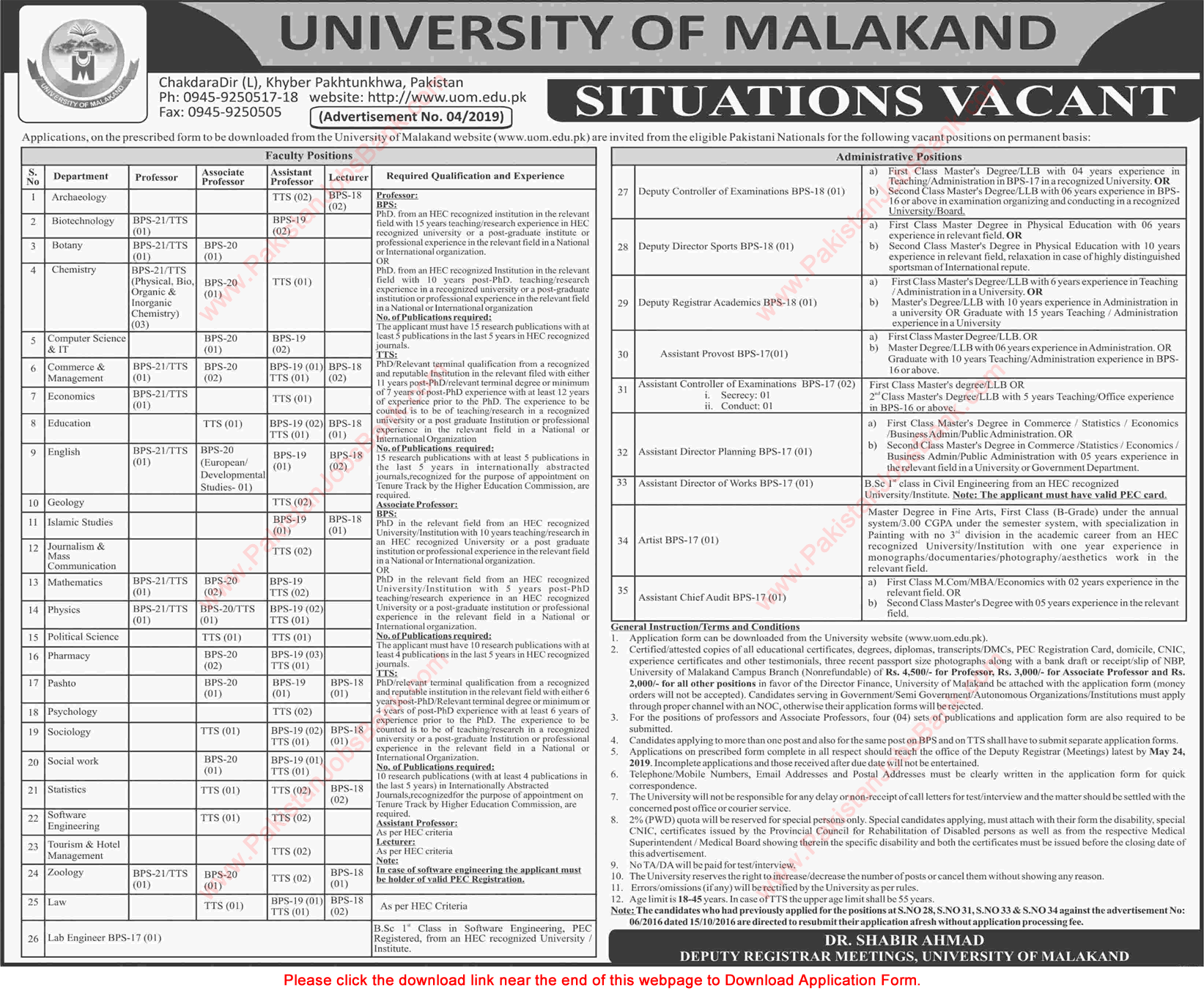University of Malakand Jobs April / May 2019 Application Form Teaching Faculty & Others Latest