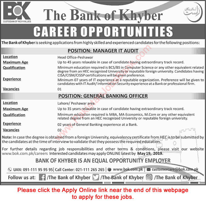 Bank of Khyber Jobs May 2019 Apply Online General Banking Officers & IT Manager Latest
