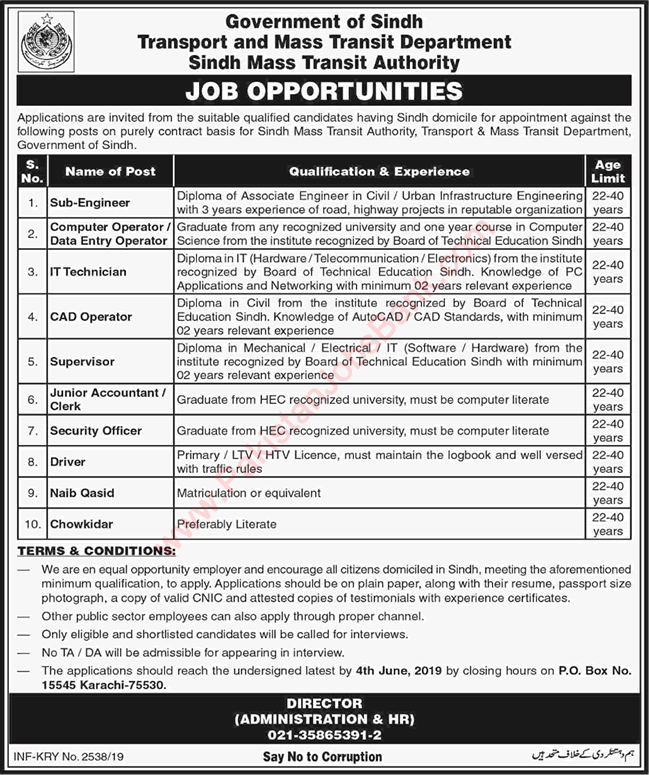 Transport and Mass Transit Department Sindh Jobs May 2019 Karachi Computer Operator & Others Latest