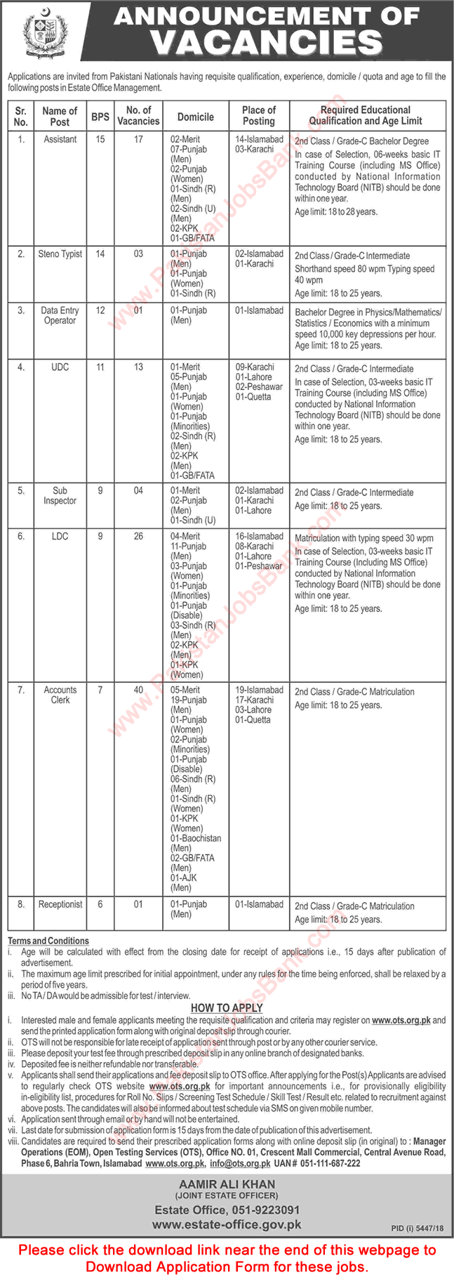 Estate Office Management Jobs May 2019 OTS Application Form Clerks, Assistants & Others Latest