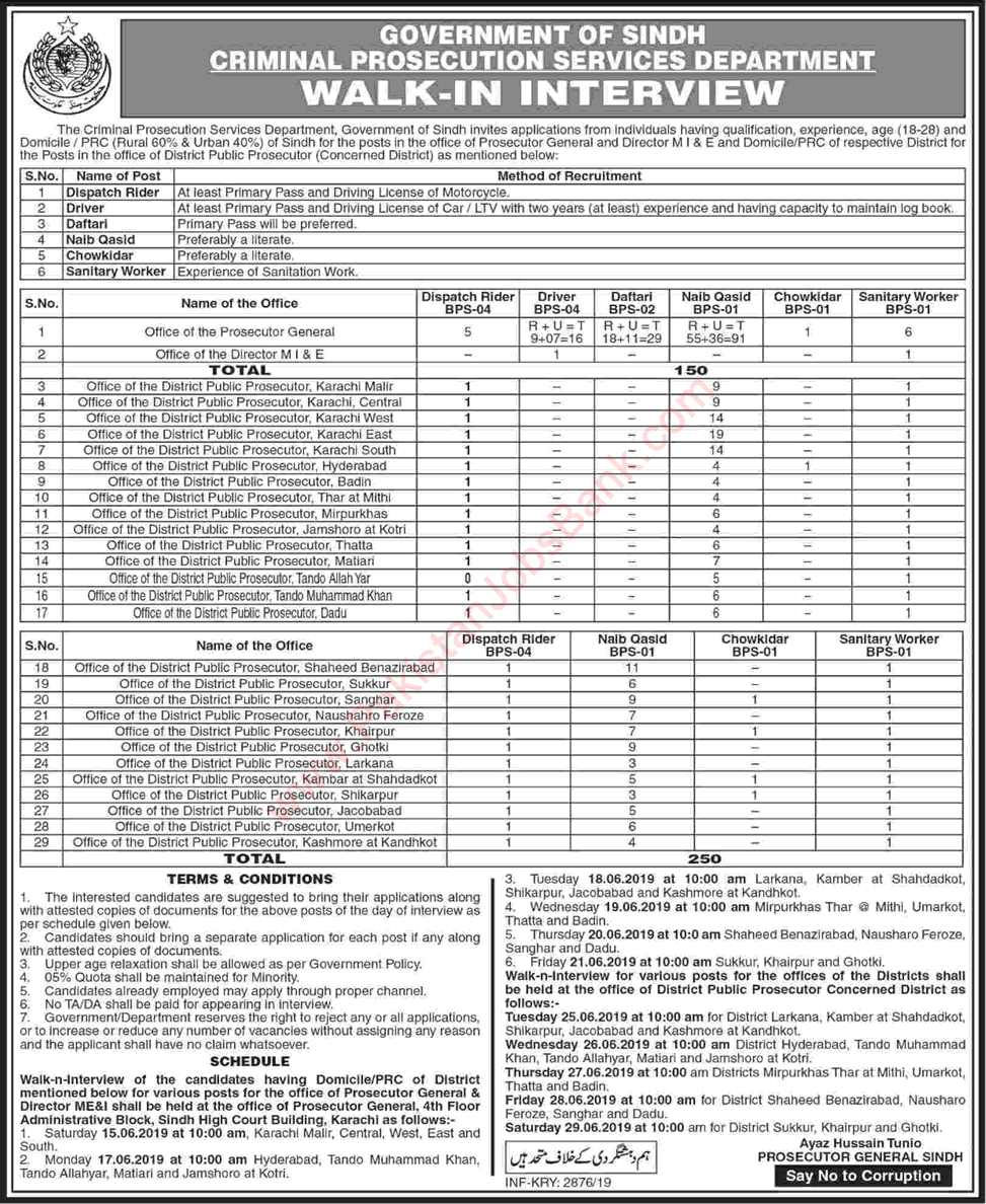 Criminal Prosecution Services Department Sindh Jobs 2019 May / June Walk In Interview Latest