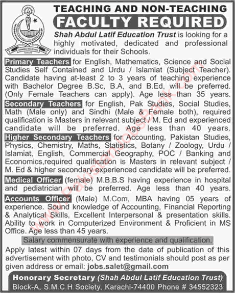 Shah Abdul Latif Education Trust Karachi Jobs 2019 June Teachers & Others Latest