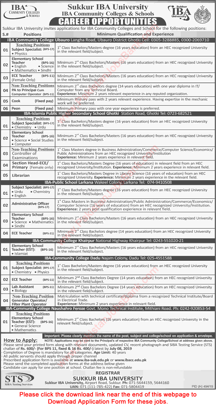 IBA Community Colleges and Schools Sindh Jobs June 2019 Application Form Download Latest