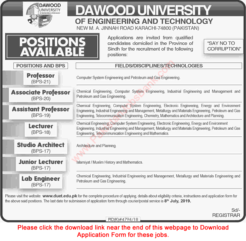 Dawood University Karachi Jobs 2019 June DUET Application Form Teaching Faculty & Others Latest