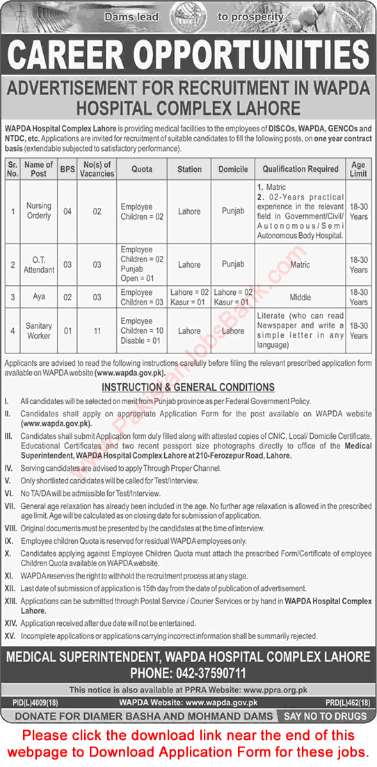 WAPDA Hospital Complex Lahore Jobs 2019 June / July Application Form Download Latest