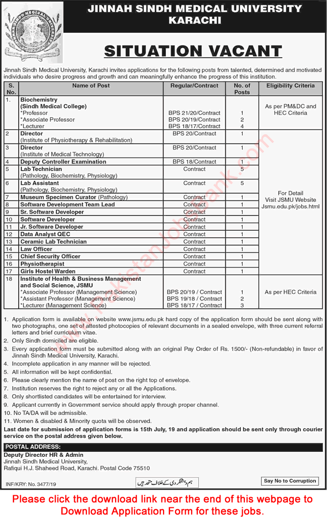 Jinnah Sindh Medical University Karachi Jobs June 2019 July JSMU Application Form Latest