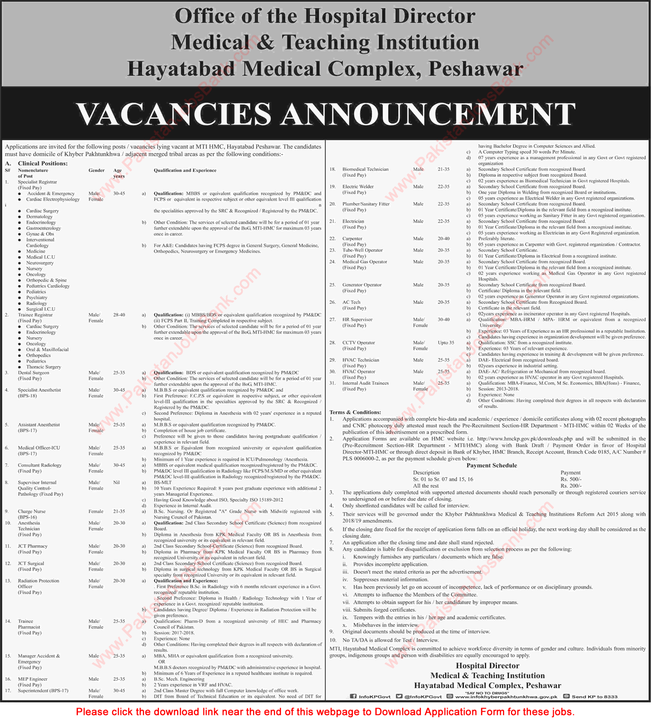 Hayatabad Medical Complex Peshawar Jobs July 2019 MTI Application Form Medical Officers, Nurses & Others Latest