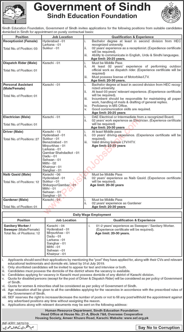 Sindh Education Foundation Jobs 2019 July Drivers, Naib Qasid, Sweepers & Others SEF Latest