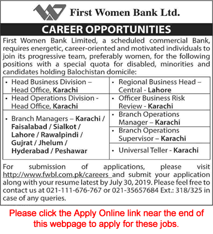 First Women Bank Limited Jobs July 2019 Apply Online Branch Managers, Tellers & Others FWBL Latest