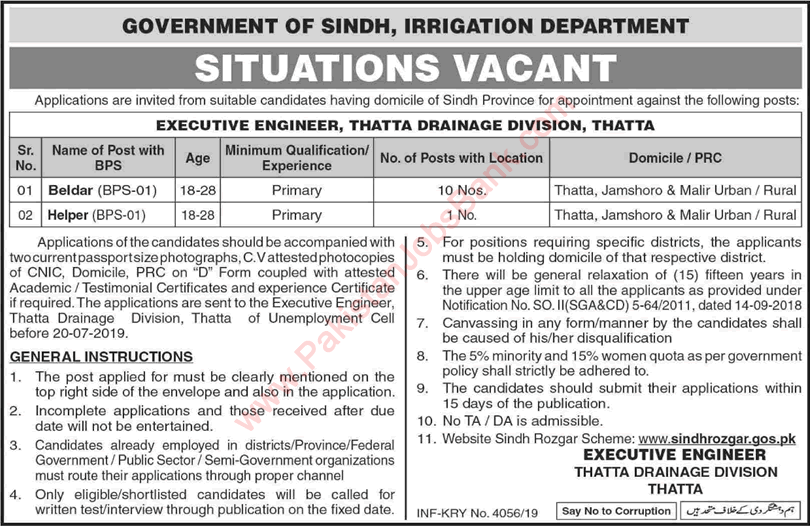 Irrigation Department Sindh Jobs July 2019 Thatta Baildar & Helper Latest