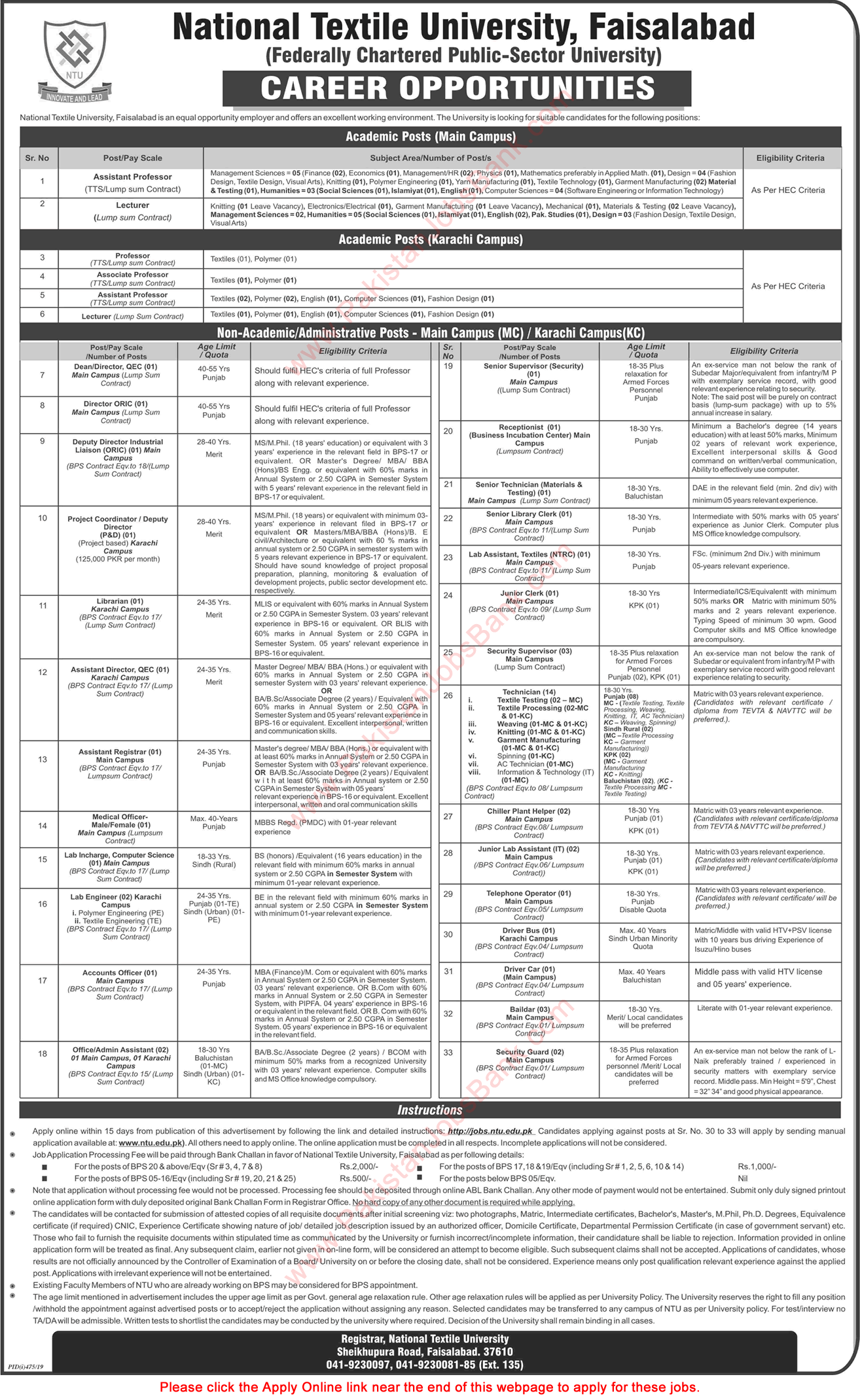 National Textile University Faisalabad Jobs 2019 July Apply Online Teaching Faculty, Technicians & Others Latest