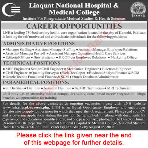 Liaquat National Hospital Karachi Jobs July 2019 August LNH&MC Latest