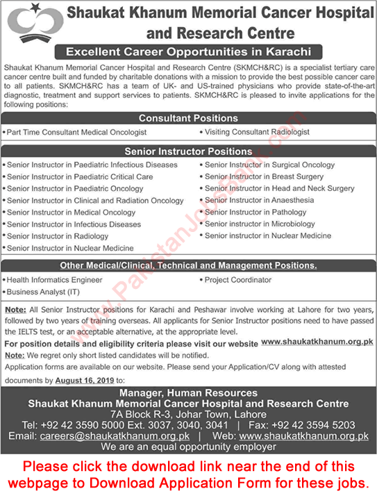 Shaukat Khanum Hospital Jobs August 2019 Application Form Medical Consultants, Instructors & Others Latest