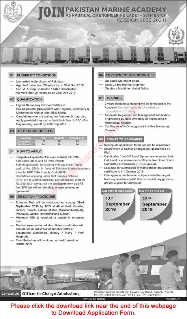 Pakistan Marine Academy Karachi Admission 2020 / 2021 Application Form PMA 58th Batch Latest