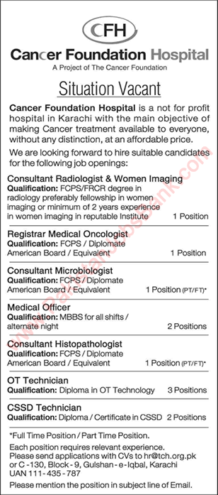 Cancer Foundation Hospital Karachi Jobs August 2019 Medical Officers, Technicians & Others Latest