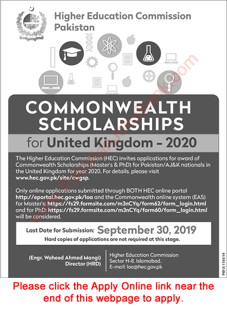 HEC Commonwealth Scholarships 2019 September Masters & PhD Studies in UK Apply Online Latest