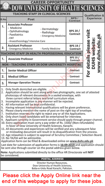 Dow University of Health Sciences Karachi Jobs September 2019 Apply Online Teaching Faculty & Others Latest