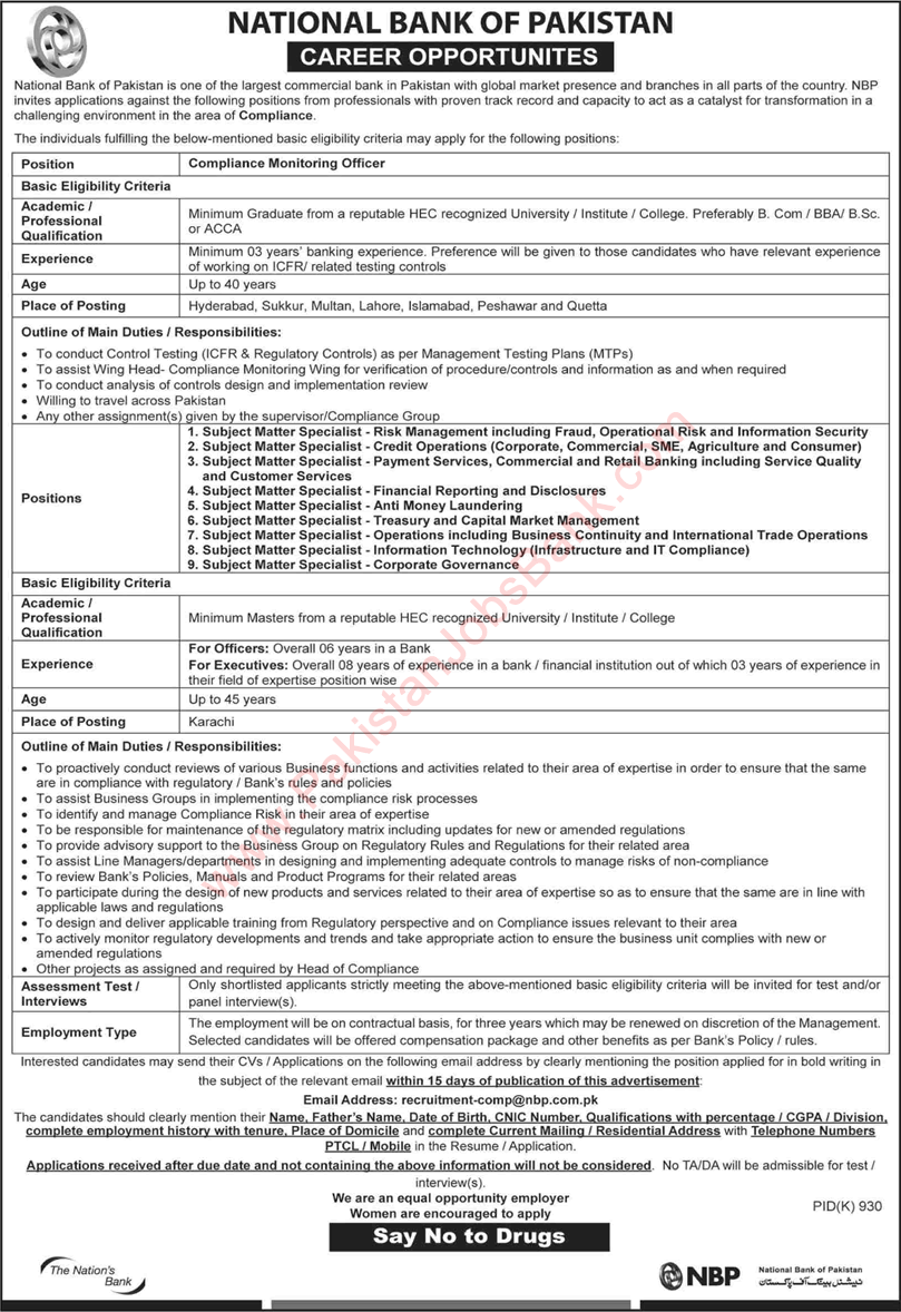 National Bank of Pakistan Jobs September 2019 Subject Matter Specialists & Compliance Monitoring Officer NBP Latest