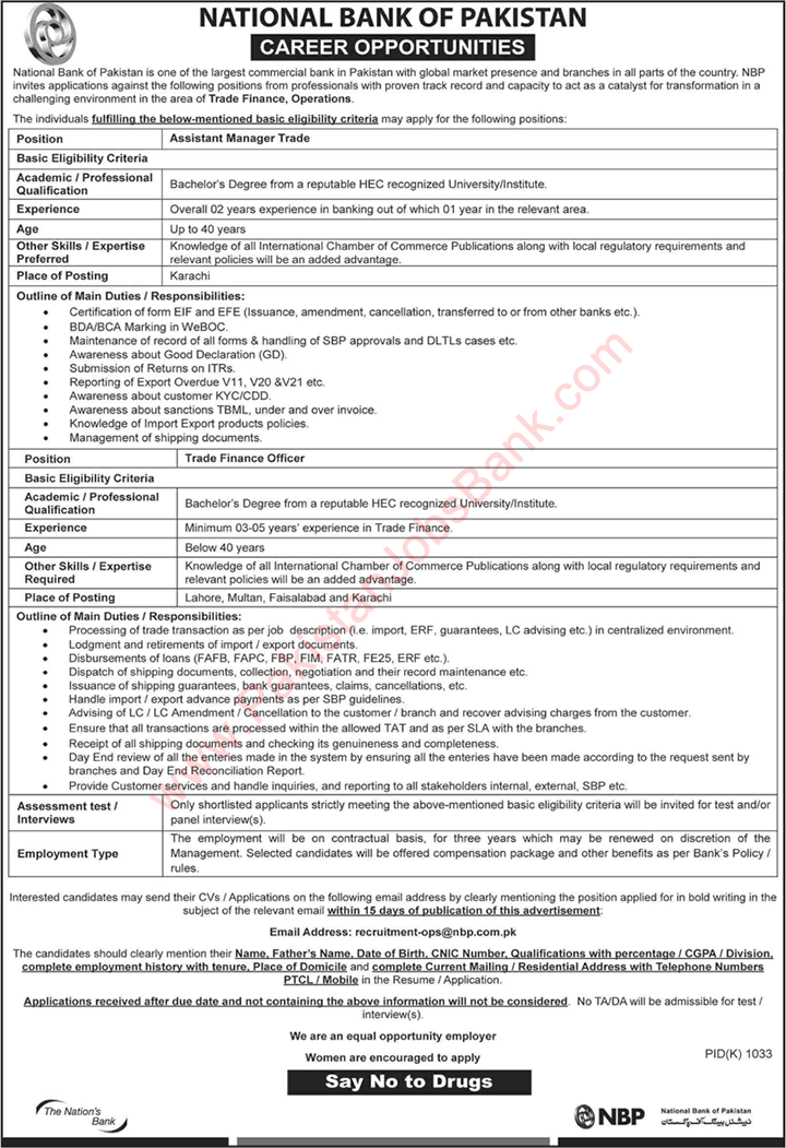 National Bank of Pakistan Jobs September 2019 Trade Finance Officers & Assistant Manager NBP Latest