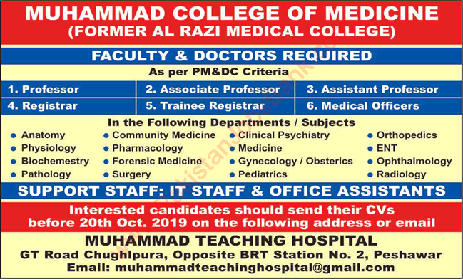 Muhammad College of Medicine Peshawar Jobs 2019 October Teaching Faculty, Trainee Registrars & Others Latest