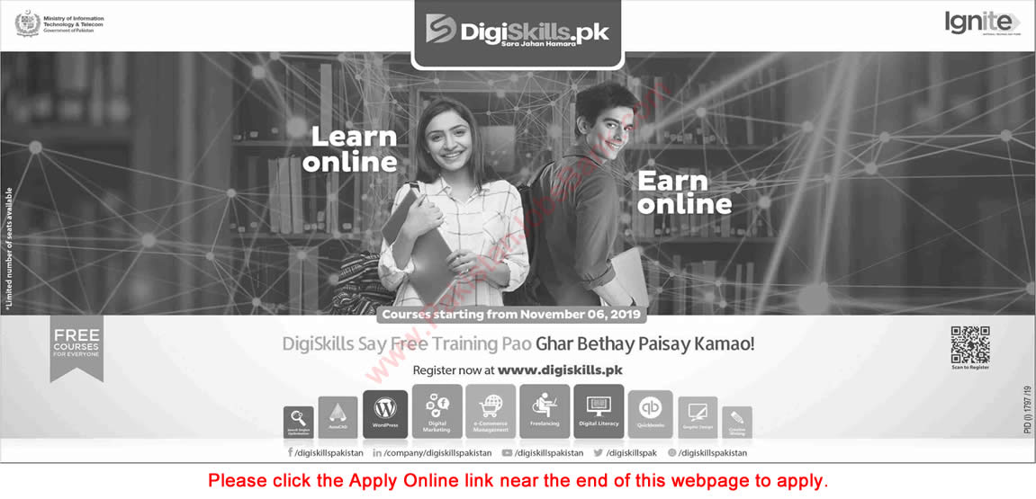 Digiskills Pakistan Free Online Courses October 2019 Apply Online MoITT Latest Advertisement