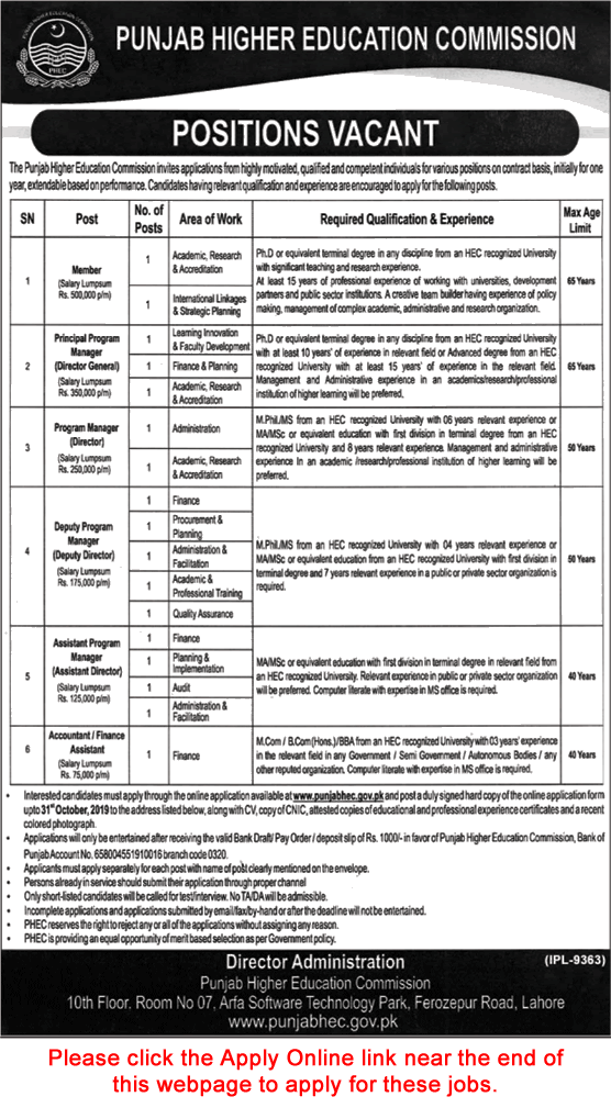 Punjab Higher Education Commission Jobs October 2019 Apply Online PHEC Latest