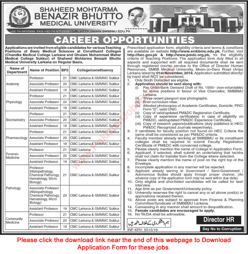 Shaheed Mohtarma Benazir Bhutto Medical University Larkana Jobs 2019 October Application Form Teaching Faculty Latest