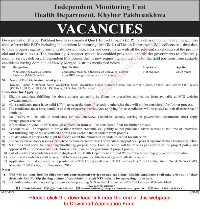 Monitoring and Data Collection Assistant Jobs in Health Department KPK 2019 October Application Form Latest