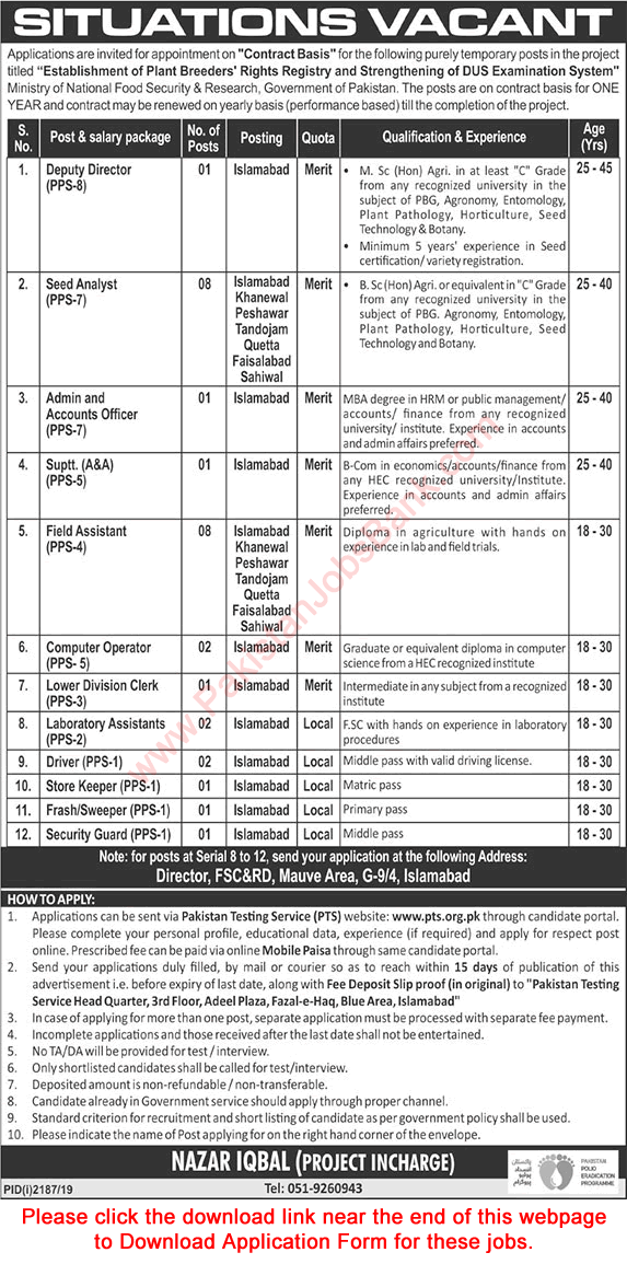 Ministry of National Food Security and Research Jobs 2019 October / November PTS Application Form Latest