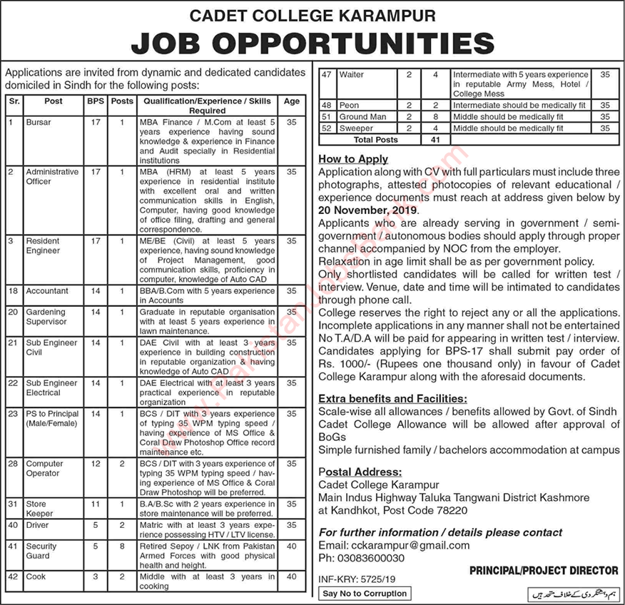 Cadet College Karampur Jobs 2019 November Sindh Security Guards & Others Latest