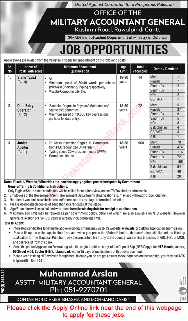 Office of the Military Accountant General Jobs November 2019 NTS Online Application Form Junior Auditors & Others Latest