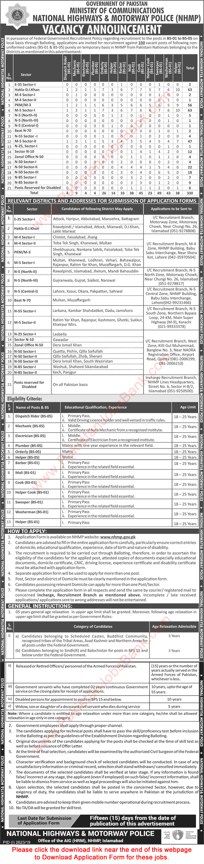 Motorway Police Jobs November 2019 Application Form Sweepers, Cooks, Helpers & Others NH&MP Latest