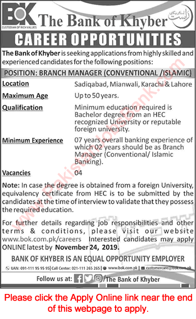 Branch Manager Jobs in Bank of Khyber November 2019 Apply Online BOK Latest