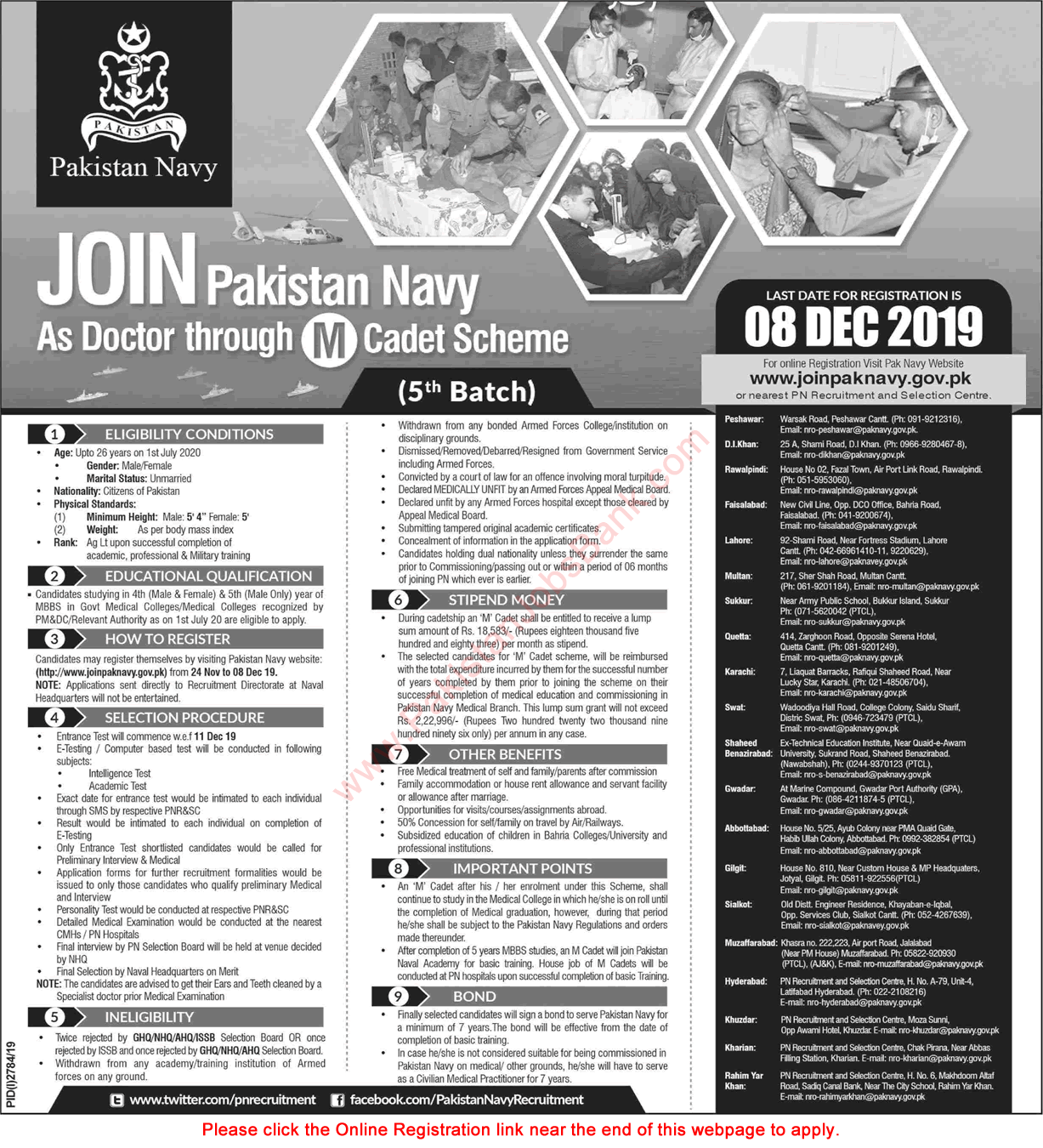 Join Pakistan Navy as Doctor 2019 November through M Cadet Scheme Online Registration Latest