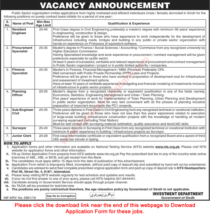 Investment Department Sindh Jobs December 2019 NTS Application Form Civil Engineers & Others Latest